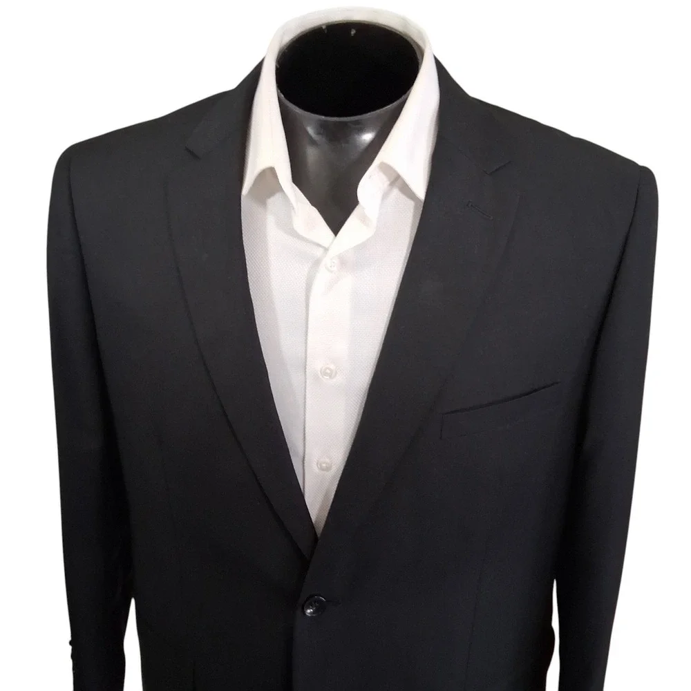 Carlo Lusso Sport Coat 44R Solid Black 2-Button Microtech Blazer Double Vent